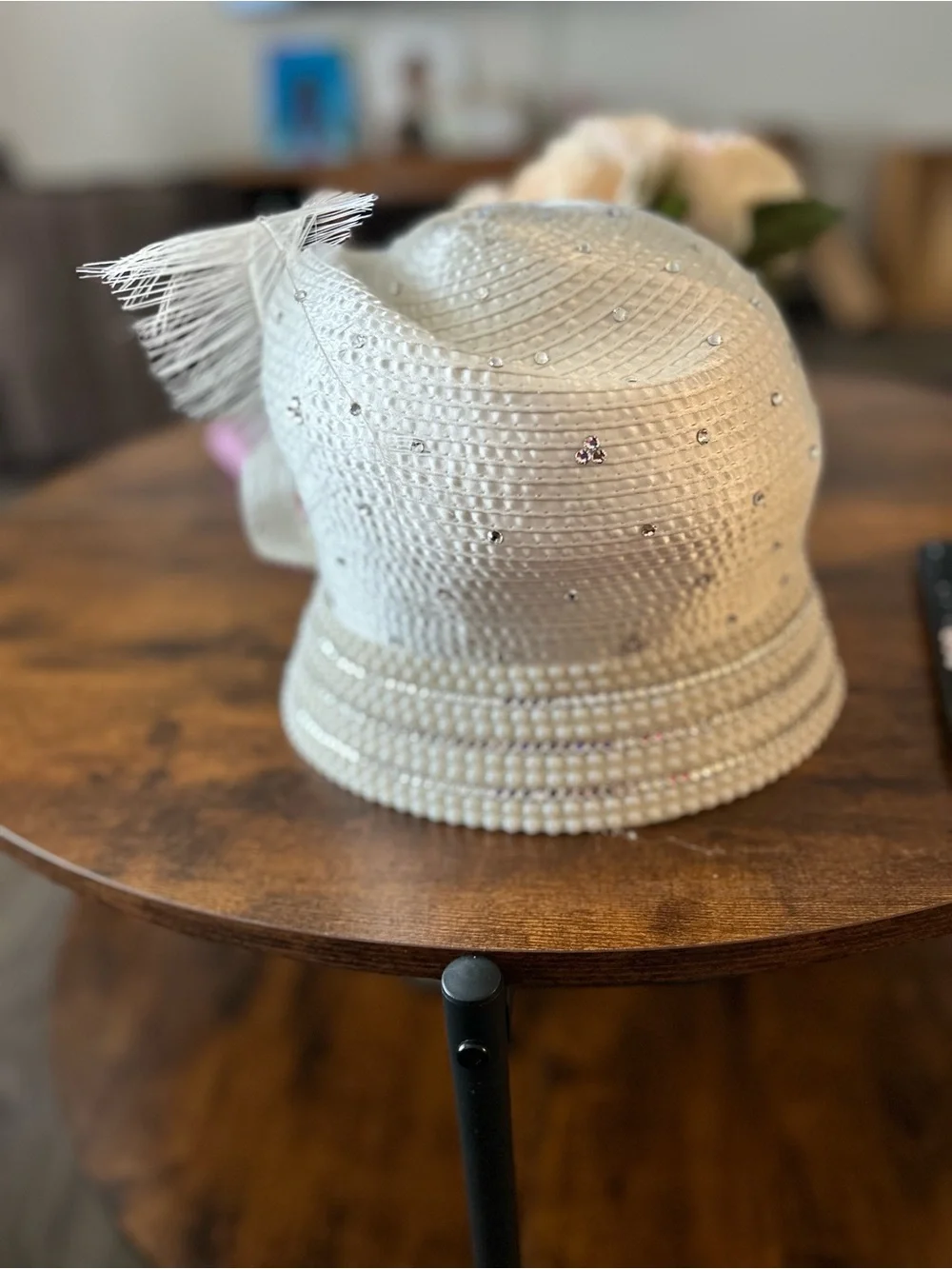 Ivory Embellished Straw Cloche Hat with Feathers